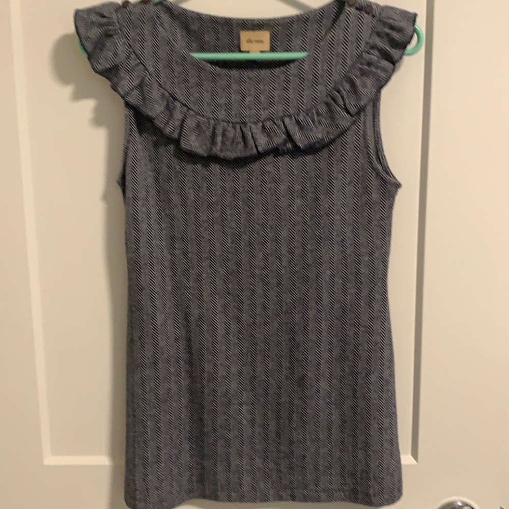Ella Moss Anthropologie Ruffle Herringbone Blue Sleeveless Top  Shirt XS